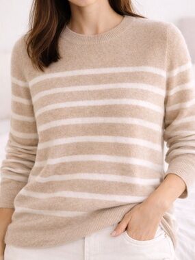 Quince 100% Mongolian Cashmere Sweater Small Beige Cream Striped Crewneck